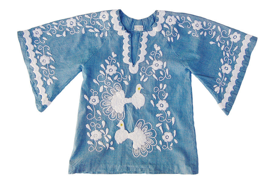 1970s Embroidered Peacocks Vintage Chambray Tunic Top