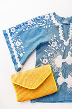 Load image into Gallery viewer, 1970s Embroidered Peacocks Vintage Chambray Tunic Top
