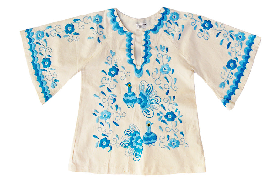 1970s Embroidered Peacocks Vintage Mexican Tunic Top